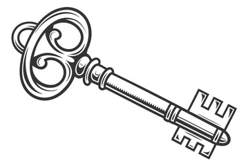 Detailed Ornate Skeleton Key Drawing on White Background