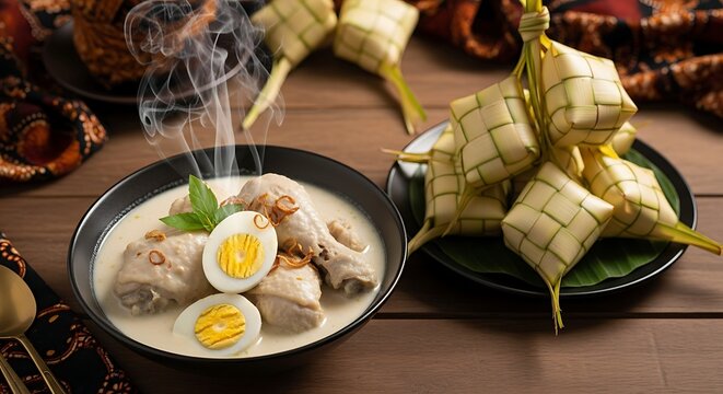 opor ayam served next to neatly arranged woven ketupat rice cakes, steam subtly rising from the dishes, festive Eid al-Fitr atmosphere