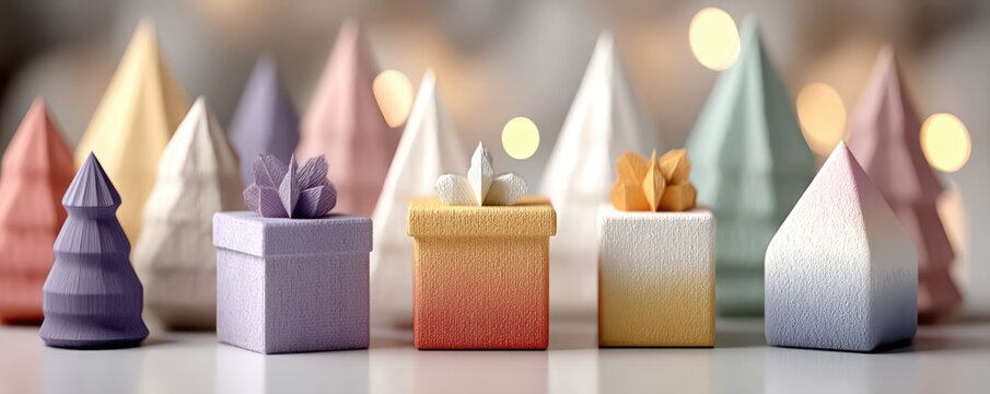 Geometric pastel shapes and gift boxes with unique vibrant designs