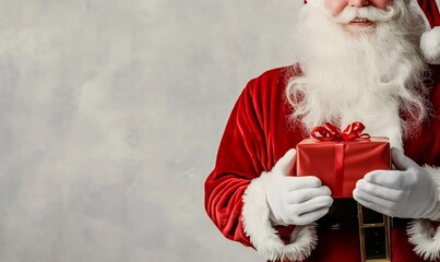 Santa claus dressed in a red costume and white gloves, holding a red wrapped gift box, bringing joy and holiday spirit