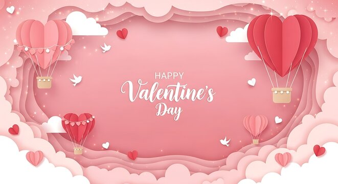 A romantic Valentine’s Day illustration in a soft pink color palette, featuring heart-shaped hot air balloons floating playfully in a dreamy sky with fluffy clouds - Powered by Adobe