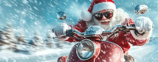 Sierkussen Scooter Santa claus dressed in red suit and sunglasses, driving a vintage scooter through a snowy winter landscape with falling snow  © VictoriaEmerson
