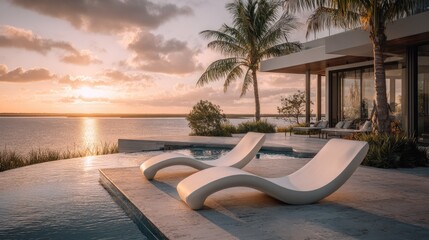 Luxurious contemporary residence features poolside seating overlooking a tranquil sunset over the water