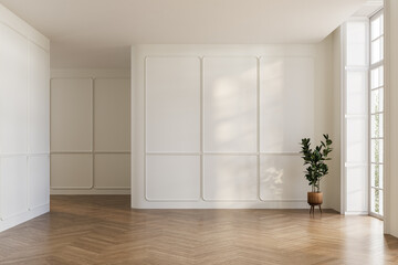 Minimalist interior with white panel walls, wooden herringbone floor, and natural daylight from large windows. Perfect for mock-up or architectural visualization. 3D render.