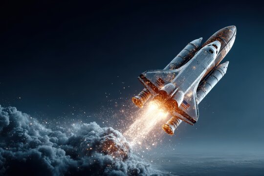 Rocket launch with bright engines ascending into space amidst vibrant clouds - Powered by Adobe