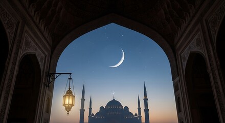 A luminous crescent moon with a bright lantern in the center, hovering above detailed bluish-green foliage, with a majestic mosque silhouette glowing softly in the background among the stars