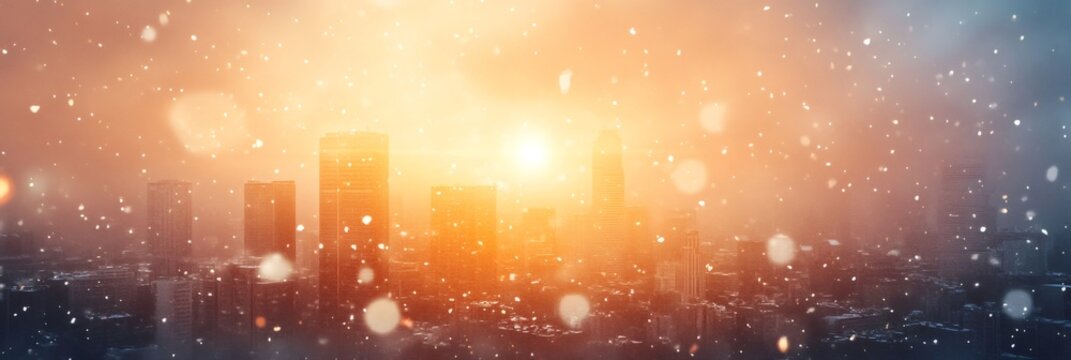 City skyline under warm glow of winter sunrise, falling snow flakes creating a festive or cold weather atmosphere