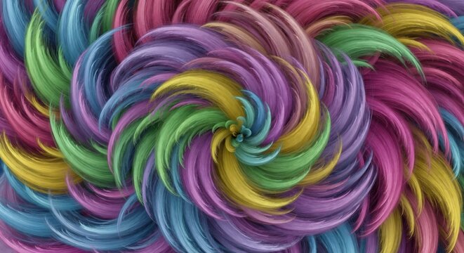 Abstract background of colorful swirling hair strands. Vibrant spiral pattern with a soft, fibrous texture. Hair care and color dye concept