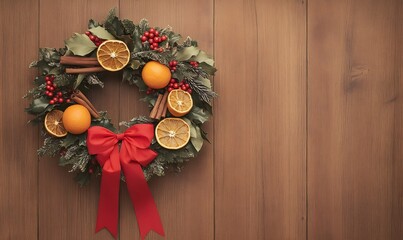 Christmas wreath hanging on a wood background, featuring oranges, cinnamon sticks, red berries, and a vibrant red bow