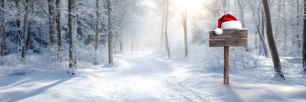 Blank wooden sign with a santa hat standing in a snow-covered winter forest, a path disappearing into the distance