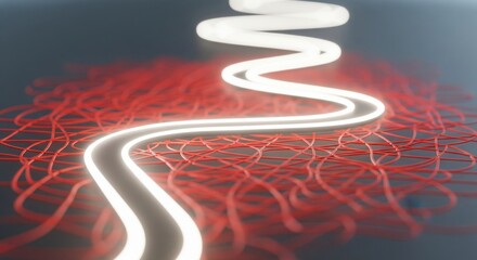 Abstract Lean Business Process Flow. visualization showing a streamlined, glowing white path with minimal turns, representing an optimized process flow. A blurred, chaotic path red