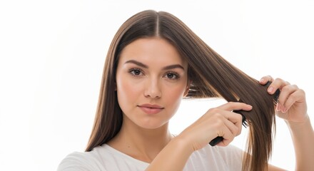 Fototapeta premium Young woman combing her long, healthy brown hair with a brush. Portrait of a brunette model showing a hair care and beauty routine isolated on a white background