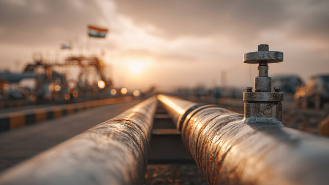 Natural gas pipeline infrastructure glistens in sunset skies of India