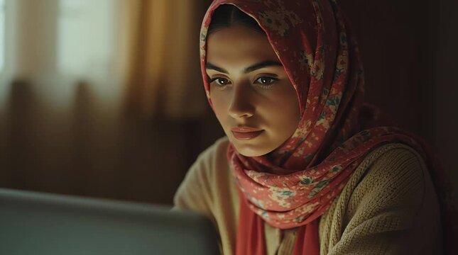 a woman in a hijab is using a laptop