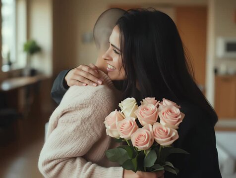 two women hugging and holding flowers