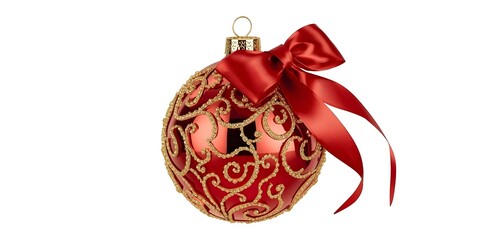Elegant red Christmas ornament with sparkling gold glitter design and a beautiful red satin bow, isolated on white. Perfect for festive holiday season decorations, gifts, and seasonal projects.