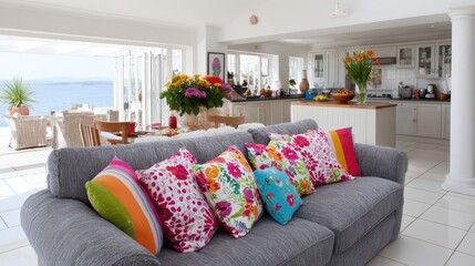Contemporary open concept living area features bright cushions against a backdrop of ocean view and kitchen