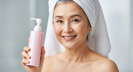 Smiling mature asian woman with a towel on her head holding a pink cosmetic bottle. Senior lady presenting a skincare or hair care product. Mature beauty and self-care routine concept
