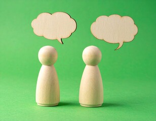 Two Wooden Peg Dolls Talking with Blank Speech Bubble Thought Clouds on Green Background
