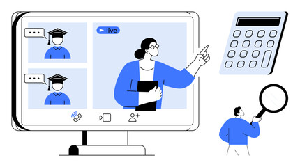 Teacher conducts a live online class with graduating students on screen, featuring communication tools, calculator, and magnifier. Ideal for education, tutoring, e-learning, training, academic