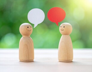 Two Wooden Peg Dolls Talking with Blank Speech Bubble Thought Clouds on Green Background