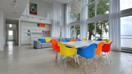 Modern open concept living space features vibrant furniture against expansive window views of water and foliage