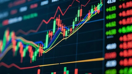 Detailed view of a digital stock market chart showing bullish candlestick patterns, moving averages, and indicators, symbolizing financial growth, investment, and economic trends. - Powered by Adobe