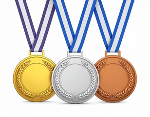 Set of Gold, Silver, and Bronze Medals with Red and White Ribbons for Achievement