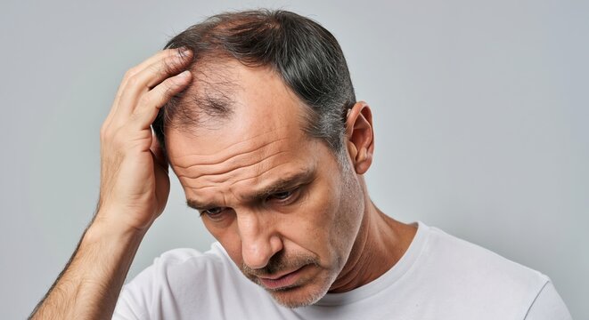 Worried middle-aged man checking his thinning hair and scalp. Male pattern baldness and alopecia concept. Hair loss problem and hair care treatment