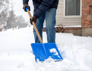 Person Shoveling Deep White Snow with a Bright Blue Shovel on a Cold Winter Day