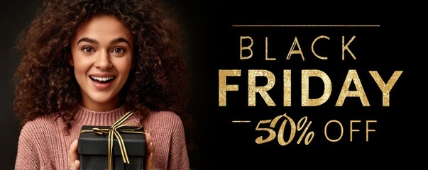Excited woman with a gift and Black Friday sale announcement