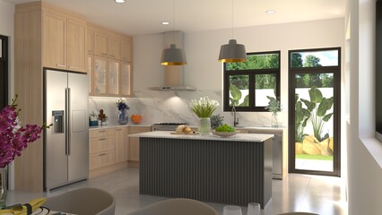 Modern Minimalist Kitchen Interior with Wood Cabinets, Marble Countertop and Kitchen Island