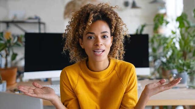 Engaging Dialogue: A captivating woman with curly hair, arms wide open, as if in the midst of a heartfelt conversation, conveying openness and approachability.