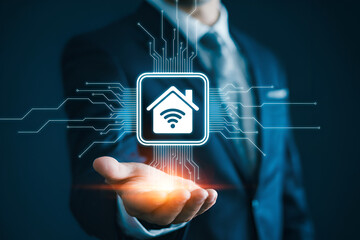 Businessman presents smart home technology with digital interface showcasing connectivity and automation for modern living in a connected world with innovative solutions for efficiency and security
