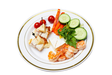 Gourmet appetizer plate with vegetables. A diverse gourmet appetizer featuring shrimp, cheese, fresh vegetables, and grilled chicken. perfect for elegant gatherings or culinary presentations.