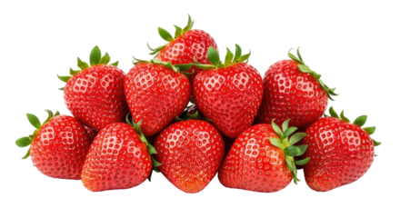 Heap of fresh, ripe red strawberries with green leaves, ready for eating, on an isolated transparent background