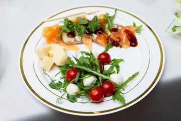 A beautifully presented dish featuring smoked salmon with a garnish of greens and cherry tomatoes. the plate includes artfully arranged cheese cubes, providing a balanced and appealing appetizer.