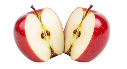 Fresh red apple sliced in half, revealing its crisp interior and seeds, on an isolated transparent background