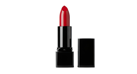 Fototapeta premium Open tube of vibrant red lipstick in a sleek black case, a symbol of beauty and glamour, on an isolated transparent background