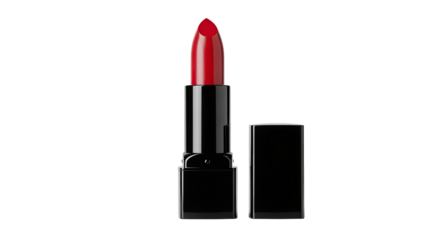 Open tube of vibrant red lipstick in a sleek black case, a symbol of beauty and glamour, on an isolated transparent background