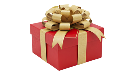 Vibrant red gift box wrapped with a golden decorative bow, symbolizing celebration and surprise, on an isolated transparent background