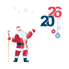 Happy New Year 2026. New Year and Christmas gifts. Santa Claus hangs festive toys, greeting cards, numbers 2026. Flat red design poster, holiday. Snowflakes, calendar, flyer. Vector illustration