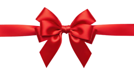 Horizontal red satin ribbon tied in a beautiful bow, a symbol of gifts and celebration, on an isolated transparent background