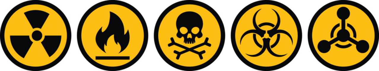 Set of essential hazard warning signs: radiation hazard, flammable sign, poison, biohazard, and chemical symbols