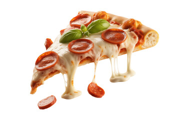 Mouthwatering pepperoni pizza slice with delicious melting cheese and fresh basil, perfect for food blogs, pizzeria promotions, and tempting restaurant menus, craveable and appetizing