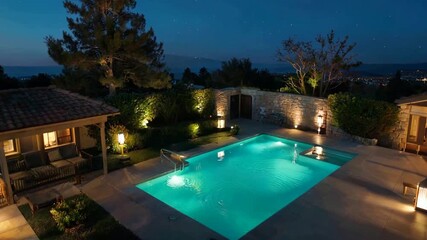 Luxurious Villa with Illuminated Swimming Pool at Night.