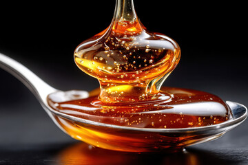 Golden honey pouring onto spoon against dark background