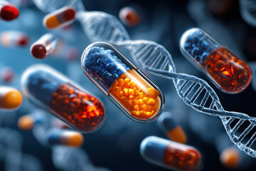 Scientific visualization of colorful capsules interacting with DNA strands in a laboratory setting
