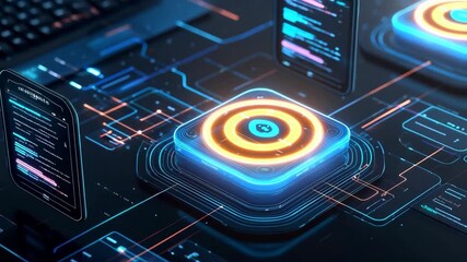 Digital abstract background showing advanced data security concept with glowing cyber interface, protective layers, and secure coding, representing technology innovation and data protection. - Powered by Adobe