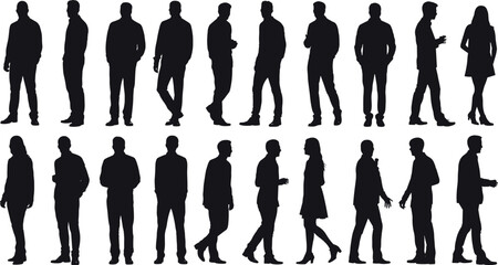 Business people silhouettes in various poses, standing and walking human figures collection, professional male and female outlines for design, flat vector illustration